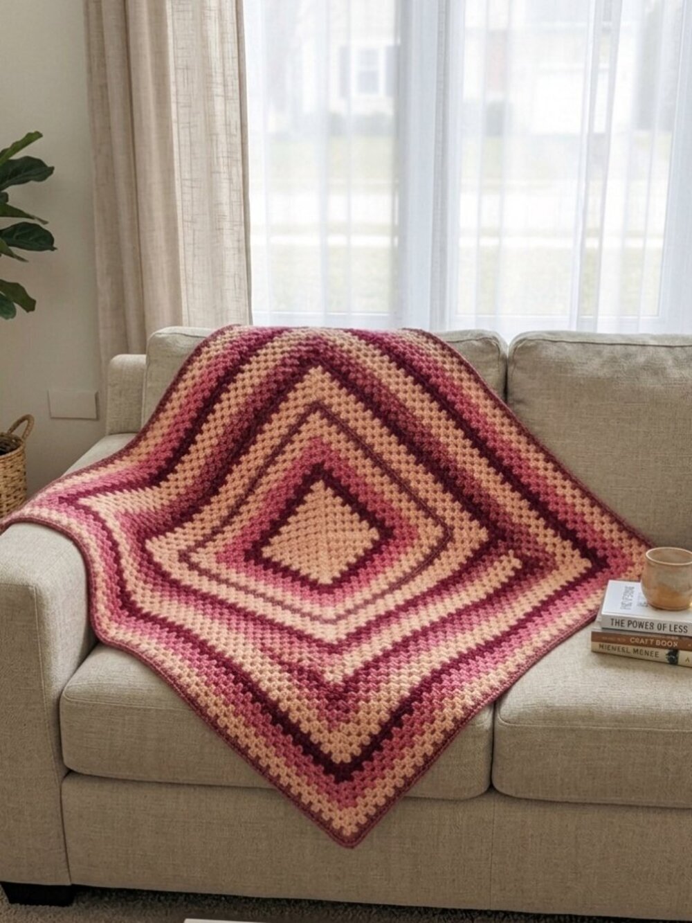 Vintage GRANDMA Square Crochet Knit Throw Blanket Handmade Pink Large